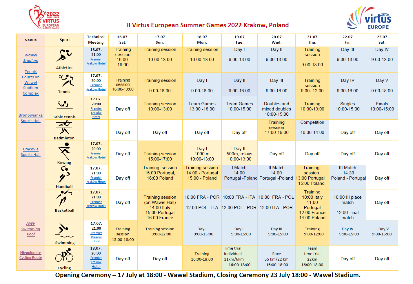 Timetable of the sports programme